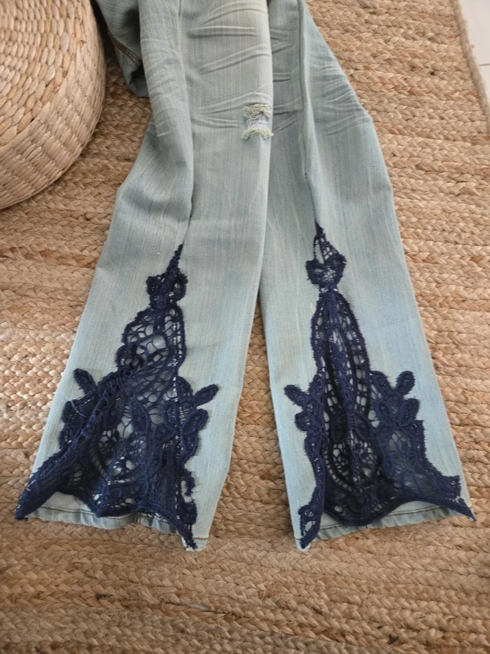 Light Wash Women's Jeans with Navy Crochet Hem